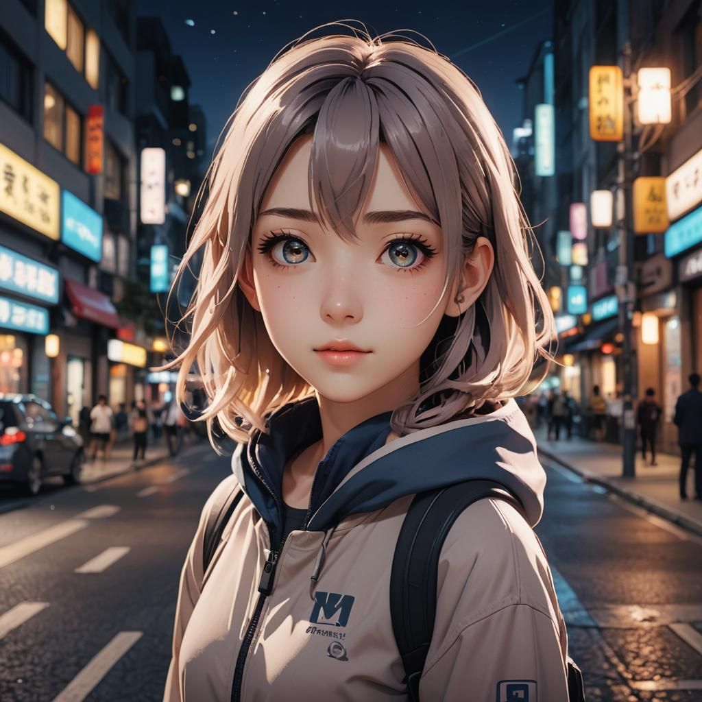 Anime Girl Portrait in City Street: 3D Art Nouveau