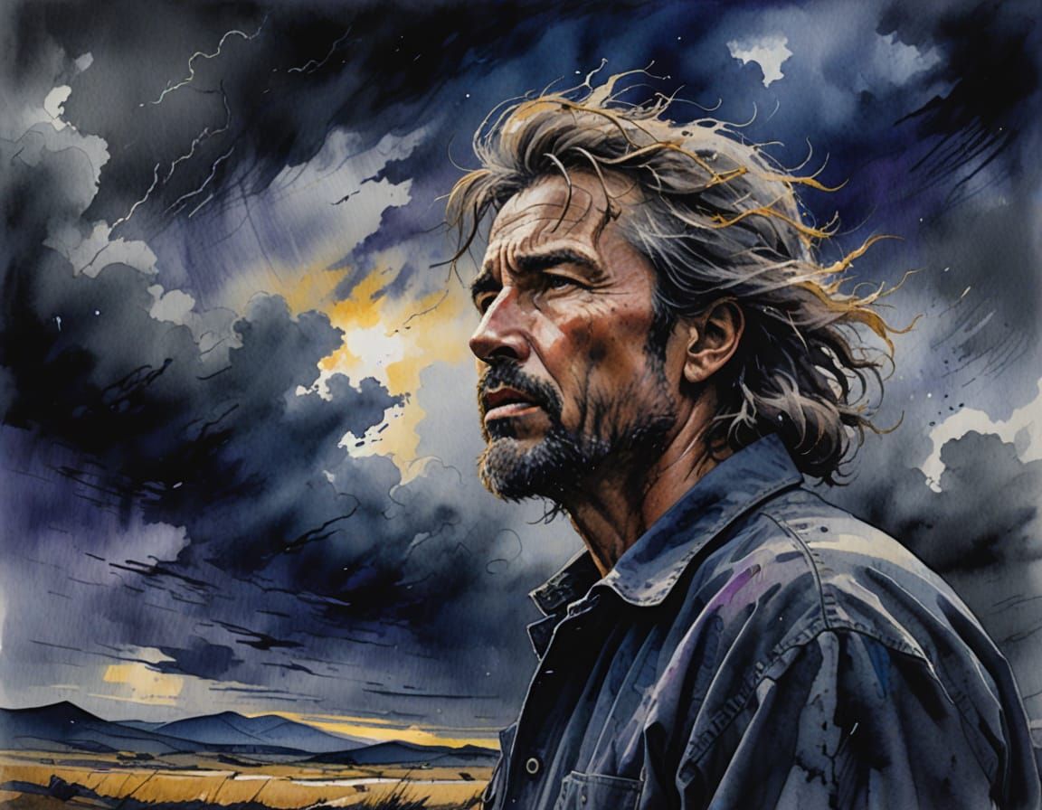 Expressionist Watercolor Painting of a Figure in Storm