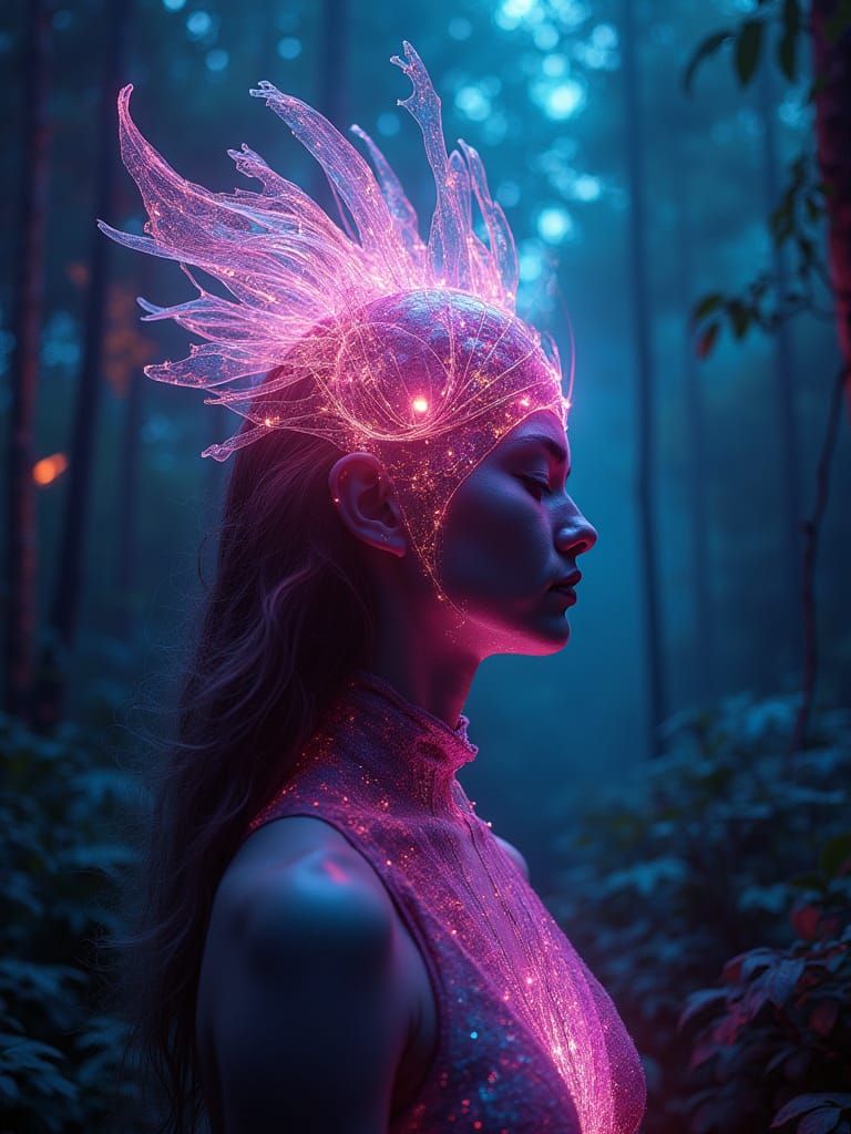 Goddess Oversees Psychonaut Journey in UV Forest
