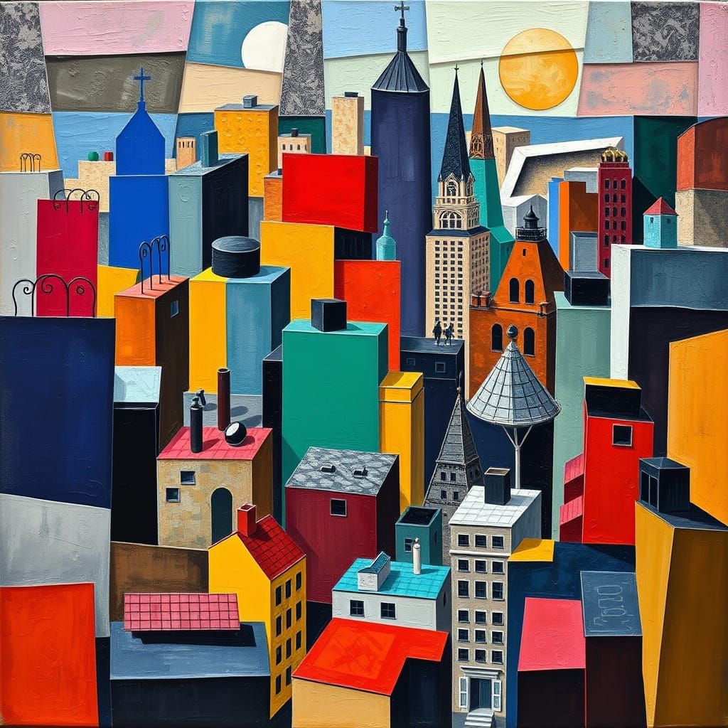 Cubist Cityscape in Vibrant, Fragmented Style