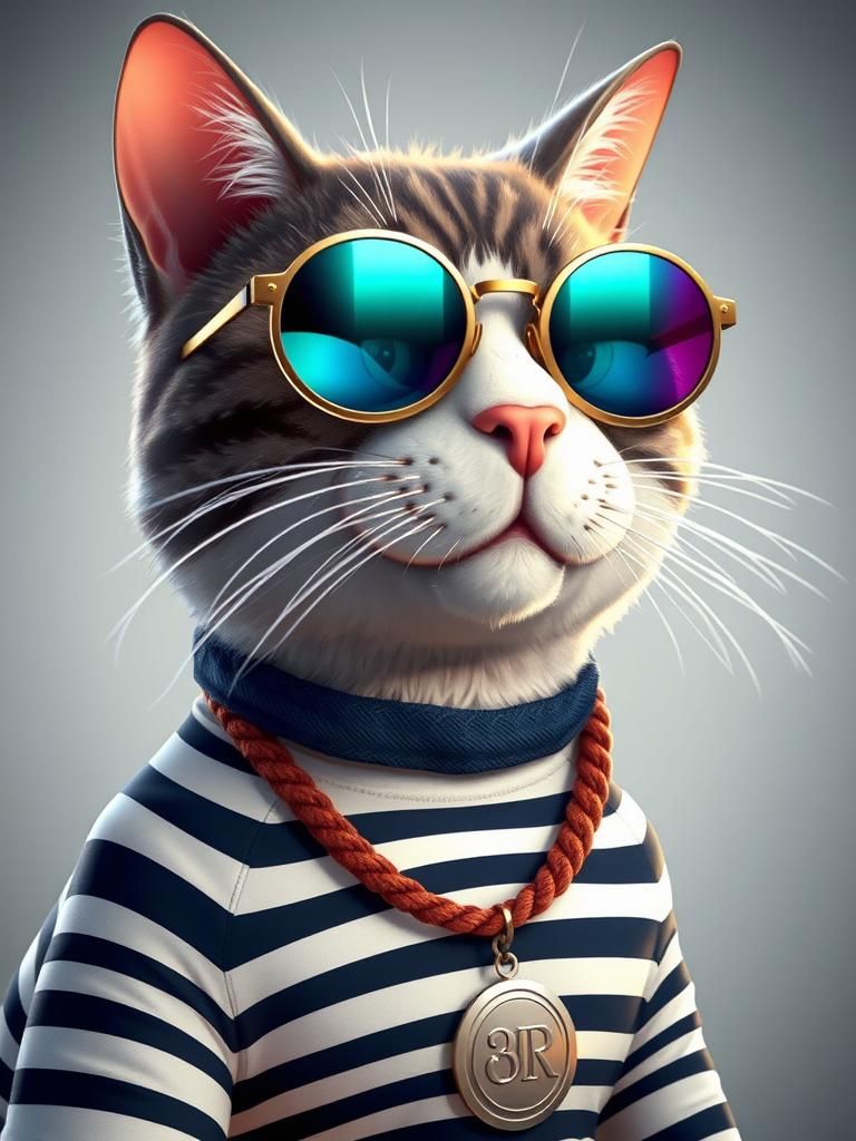 Expressive caricature in pixar style unreal charming a cat in round sunglasses, striped clothes and a medallion, with ex...