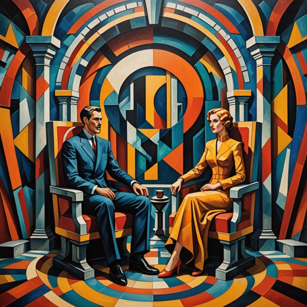Neo-Cubist Couple on Crescent Thrones in Art Deco Chamber