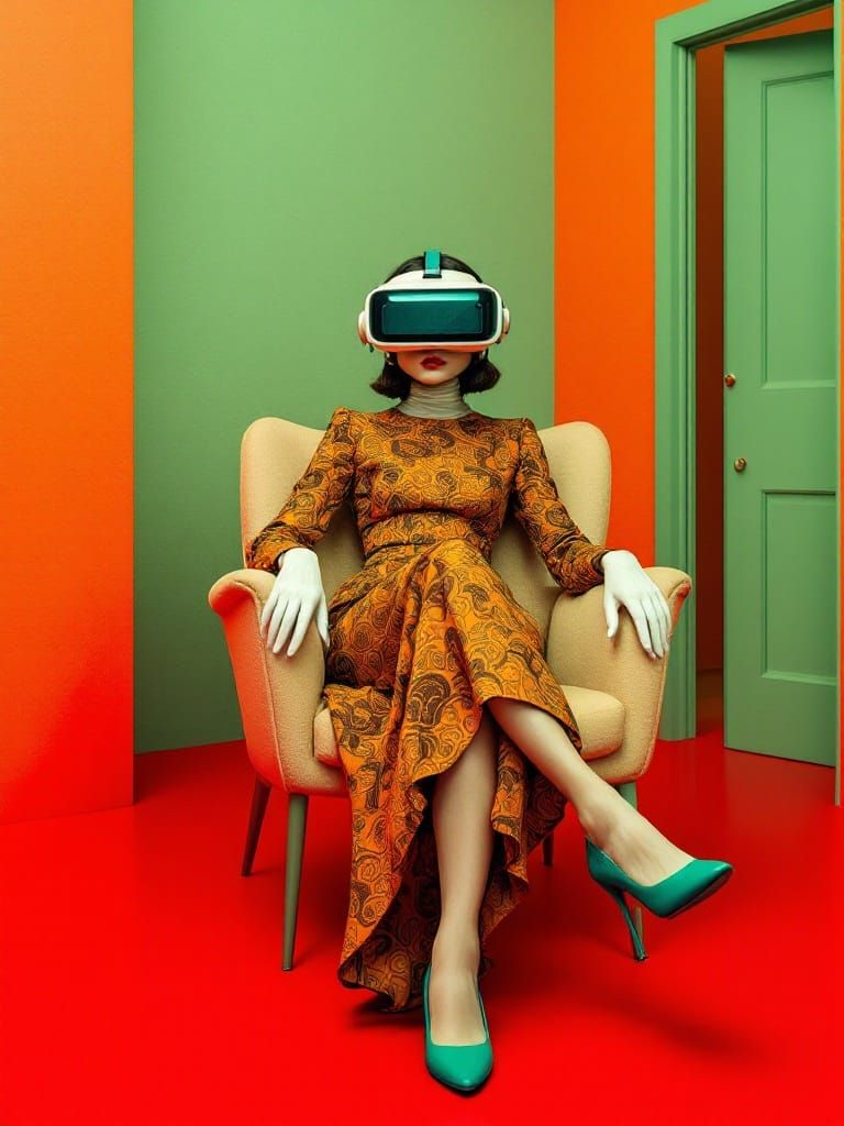 Surreal Figure in Retro-Inspired VR Dreamscape