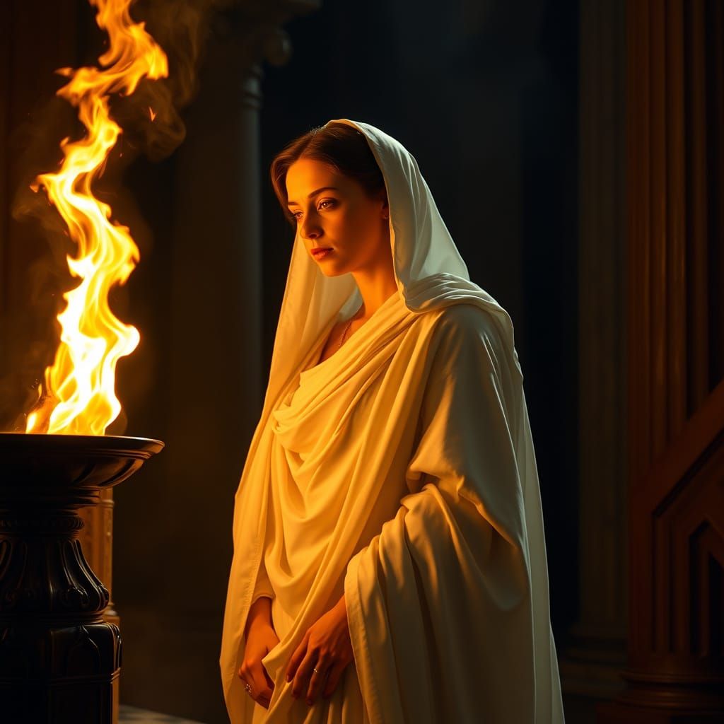 Vestal Virgin in Ancient Roman Temple Setting, in a Meticulo...