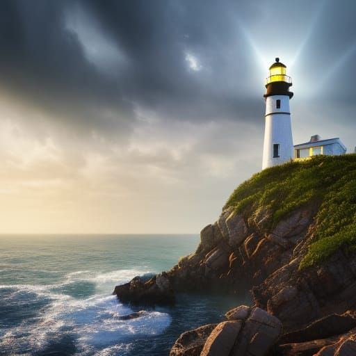 Dramatic Lighthouse on Stormy Coastline in Detailed Matte Pa...