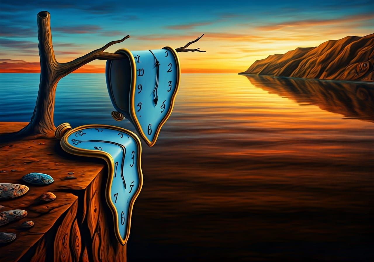 Melting Clock on Tree Branch in Surrealist Style