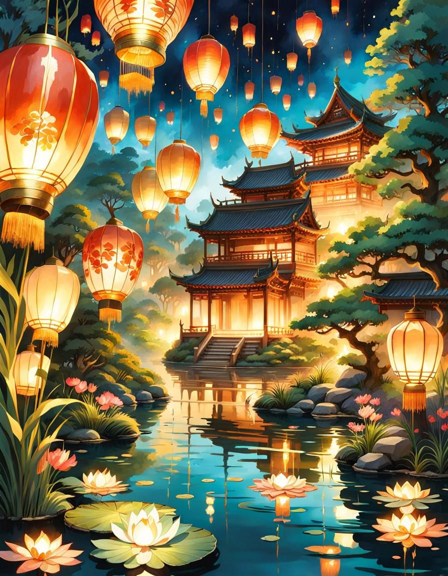 Fantasy Pond Aglow with Lanterns in Watercolor Style