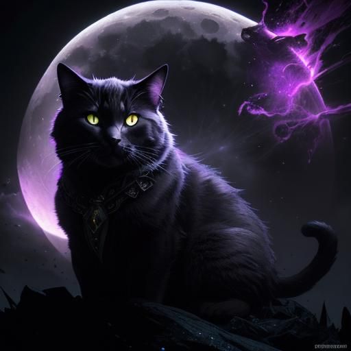 Fantasy Cat Under Moonlit Starry Sky