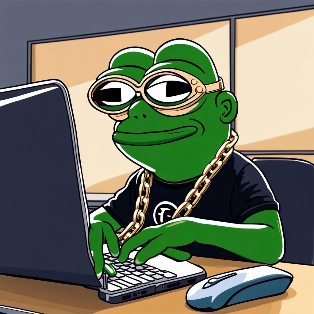 Make a picture/meme of pepe the frog from the front of his d...