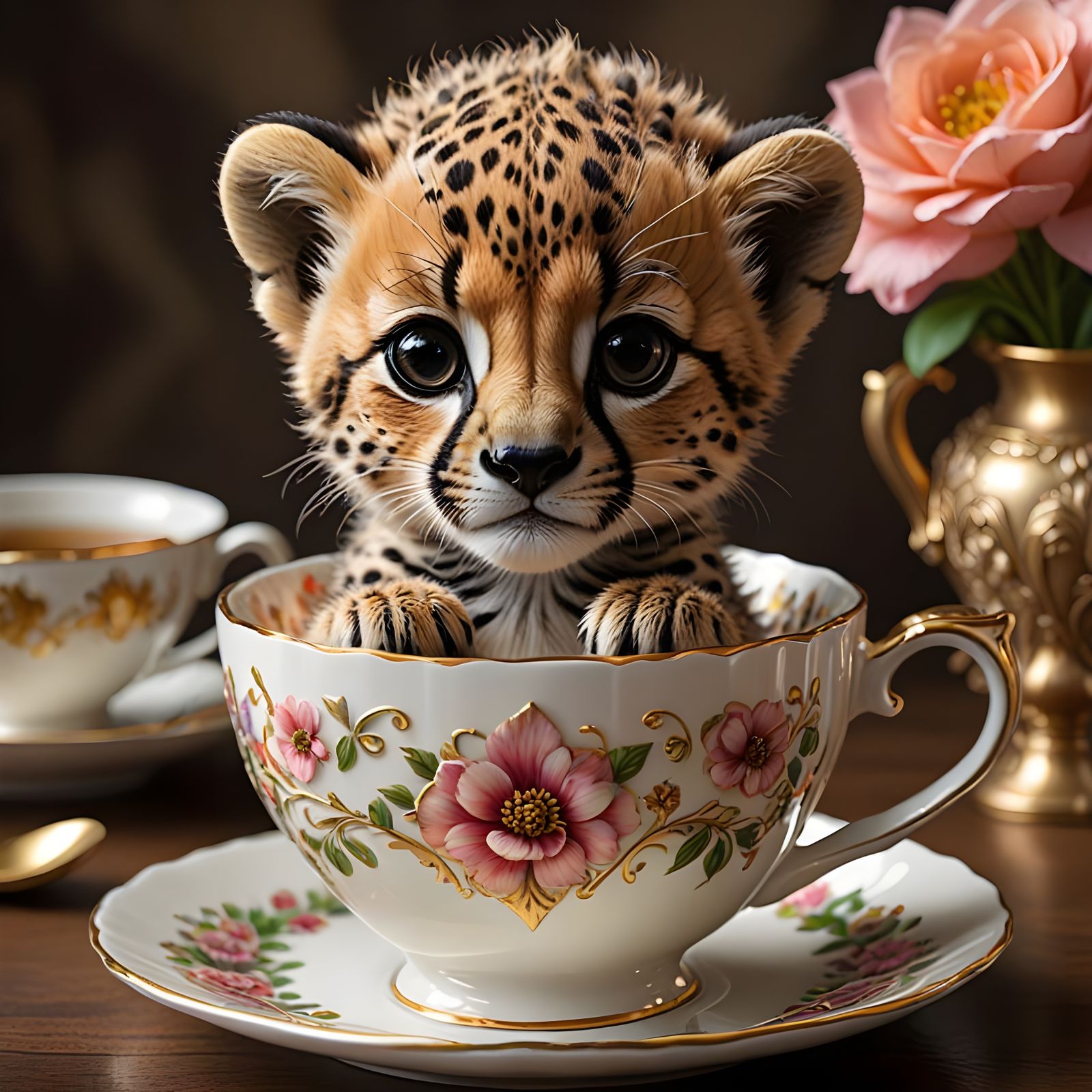 Adorable Baby Cheetah in Teacup, Hyperrealistic Style