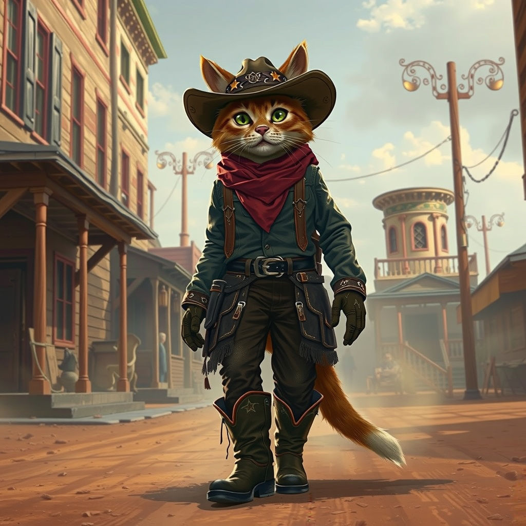 Anthropomorphic Cat Cowboy in Old West Town