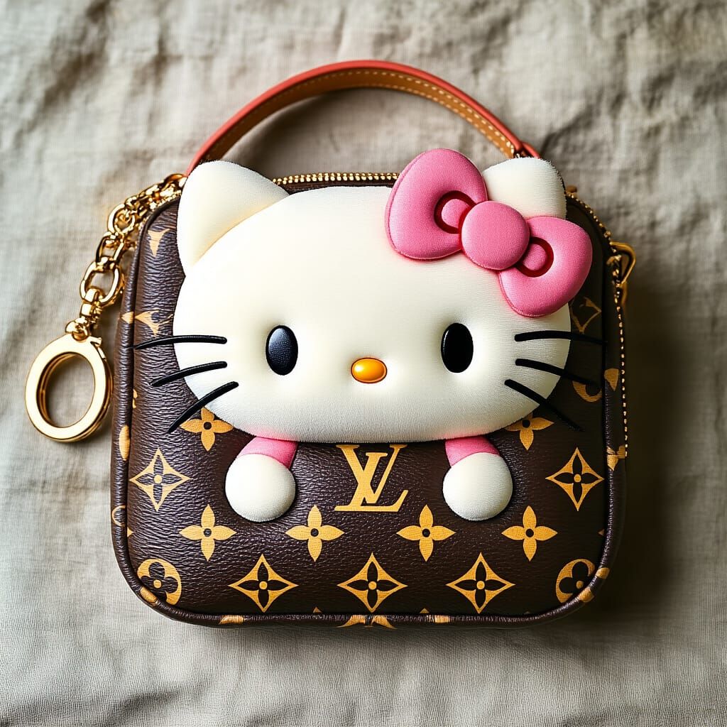 Hello Kitty Purse on Earthy Canvas in Pop Surrealism