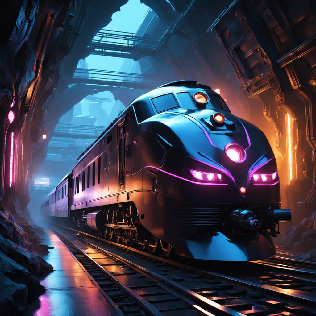 Sleek Silver Train Speeds Through Neon Noir Tunnel