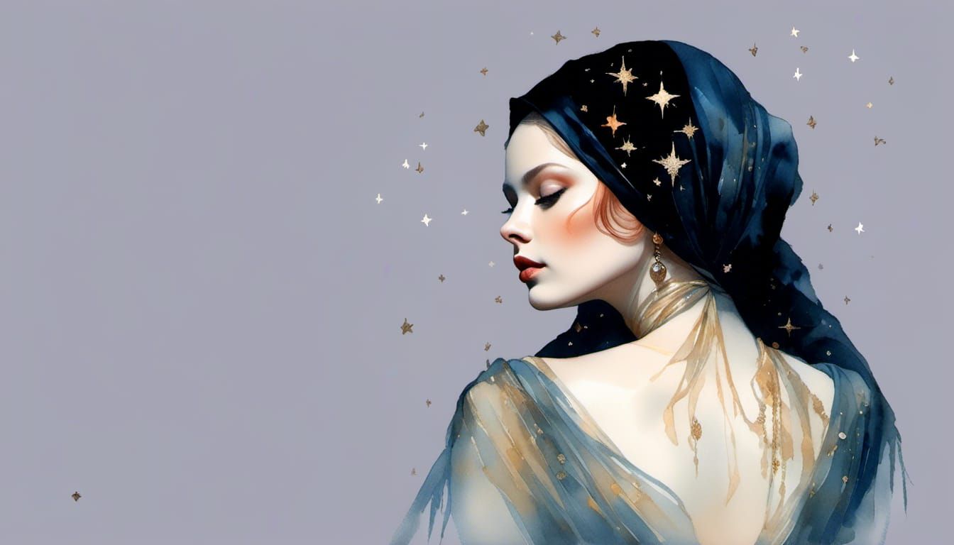 Woman in Starry Headscarf: Hyperrealistic Fantasy Portrait