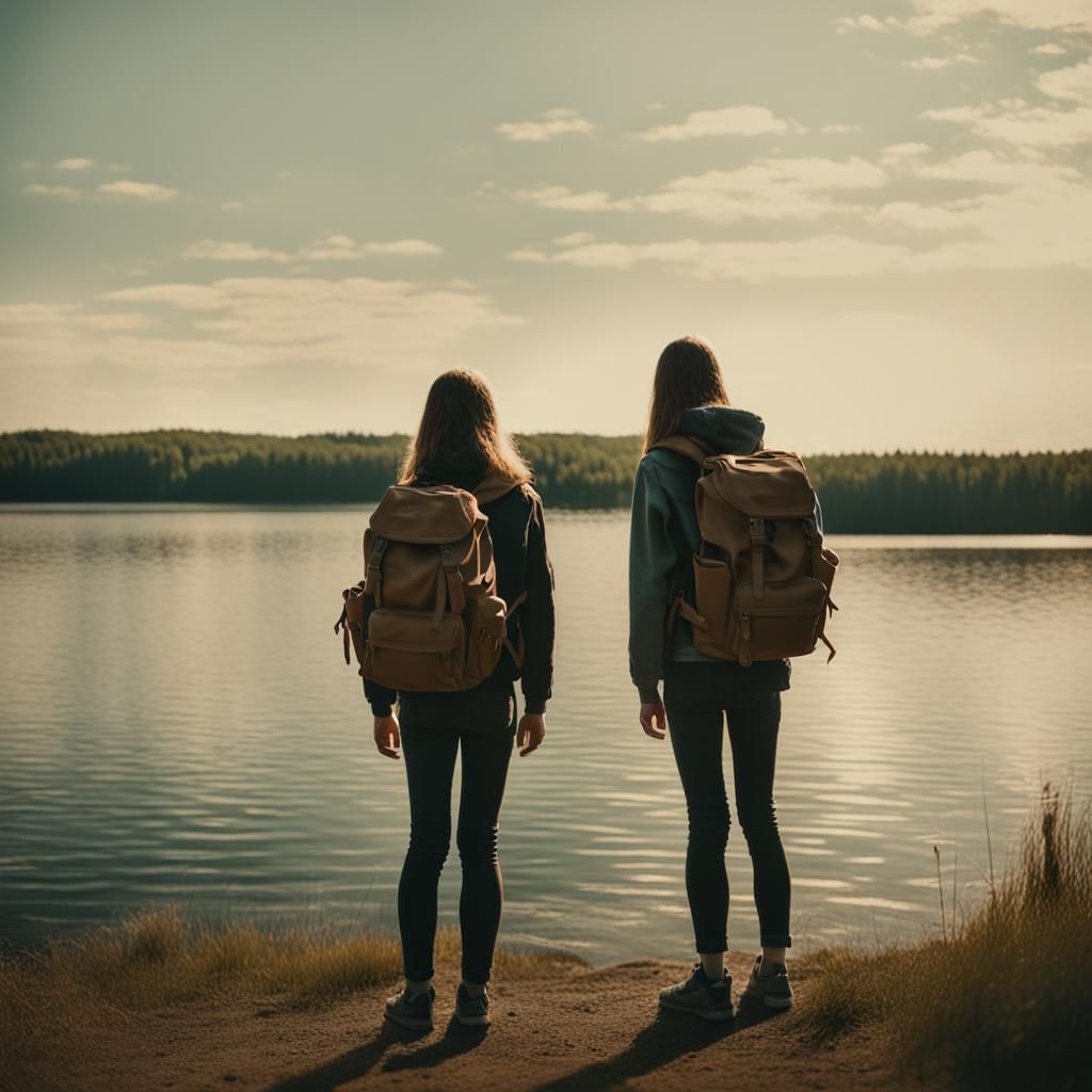 Teenage Girls at Lakeside: A Cinematic Film Still
