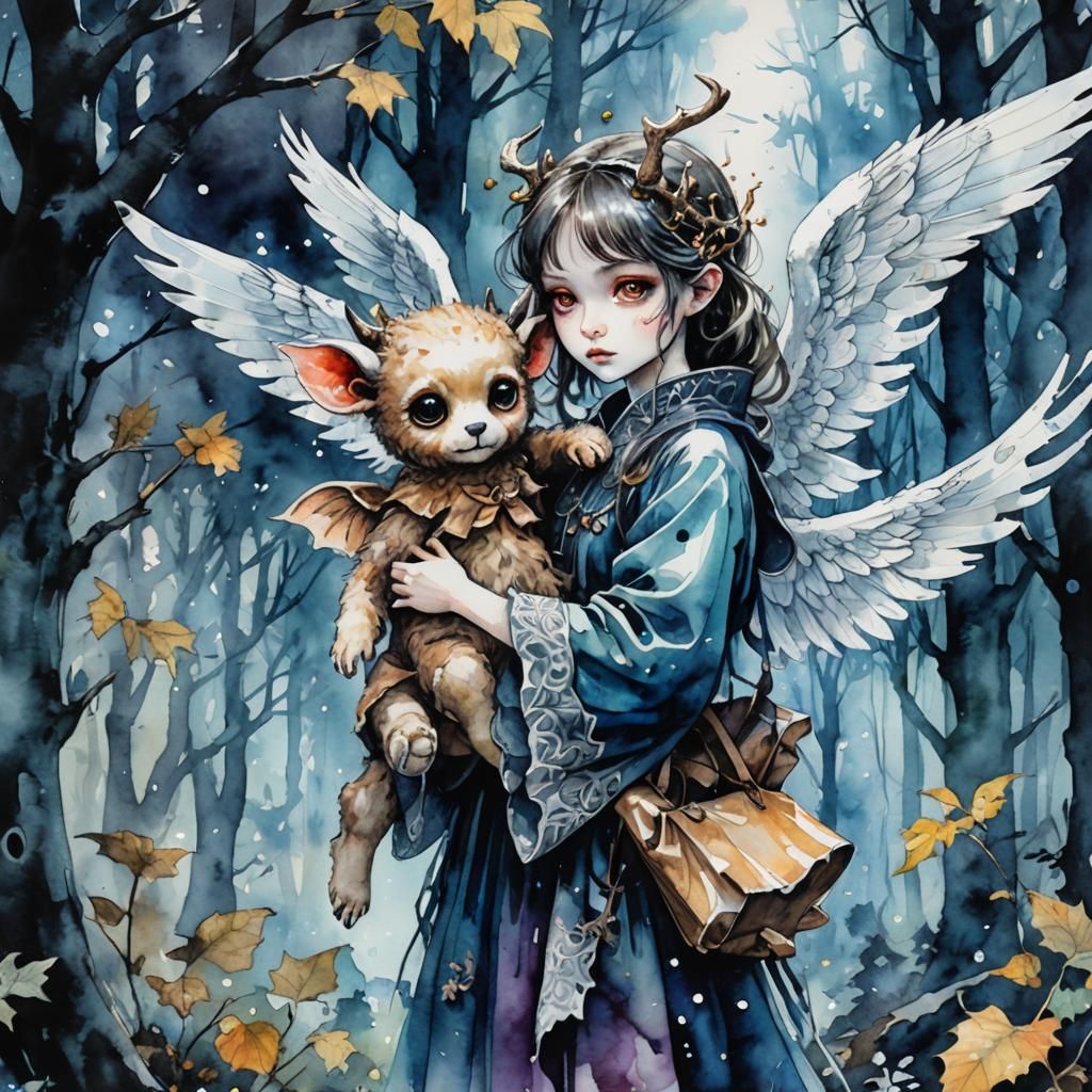 Demonic Angel with Teddy Bear in Watercolor Fantasy
