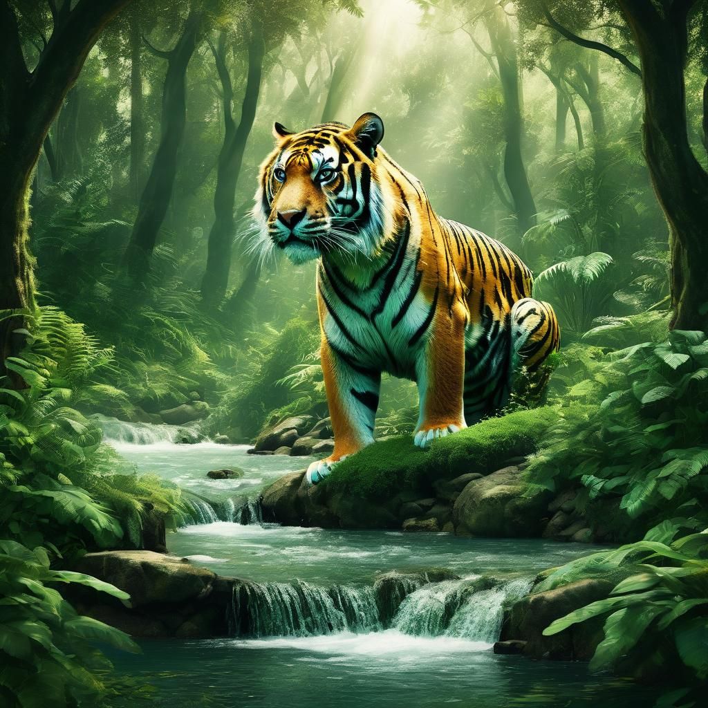 Surreal Tiger Double Exposure with Lush Landscape