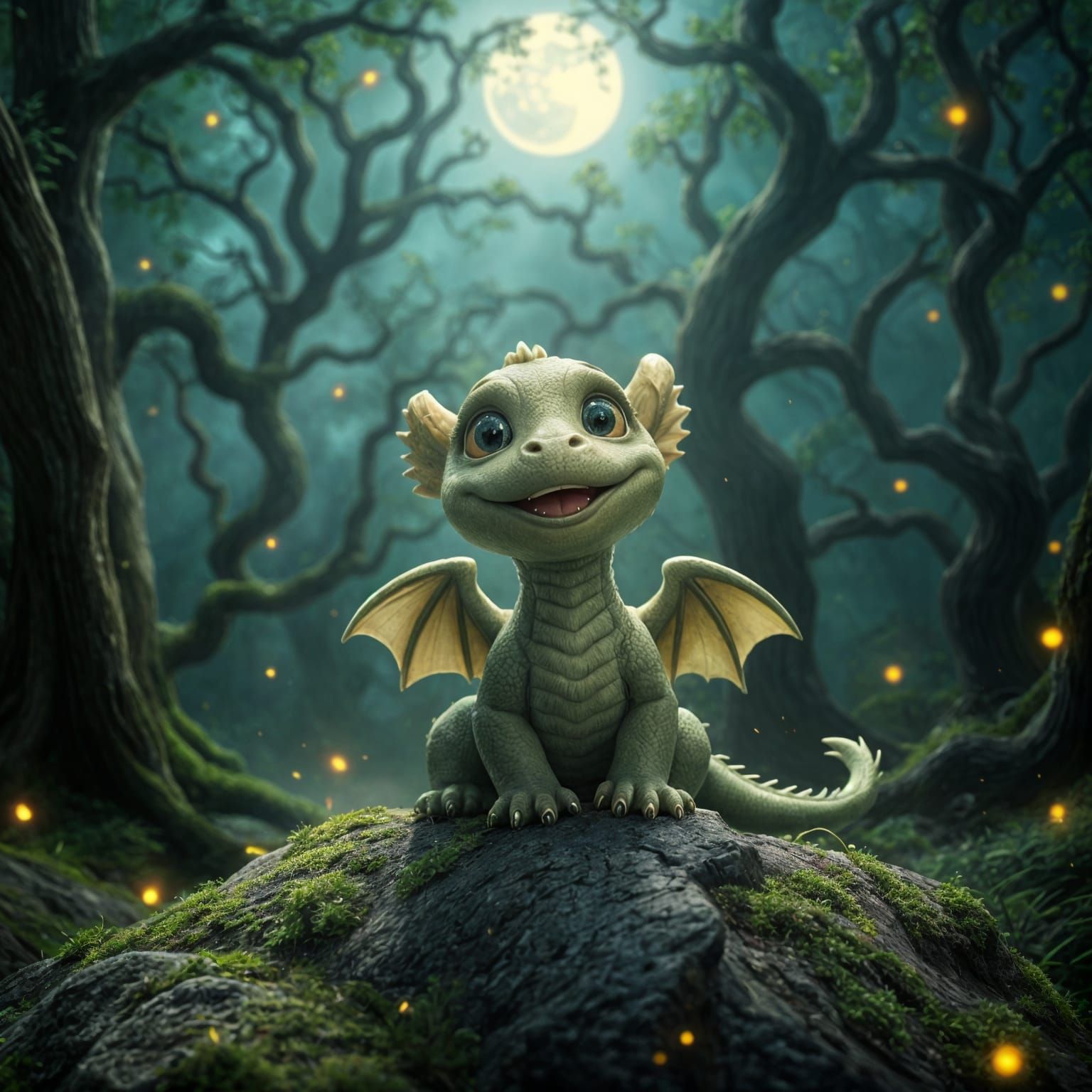 Magical Fantasy Dragon in Moonlit Forest