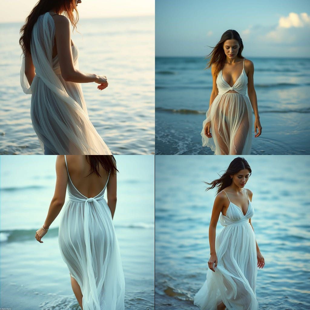 Woman in White Dress on Seashore