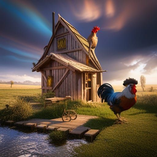 Cockerel in Farmyard Scene: 3D Rendered Matte Painting