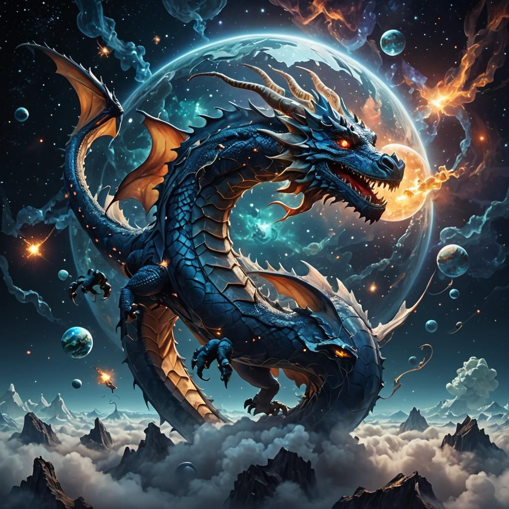 Dragon in Space: Surreal Double Exposure Dreamscape