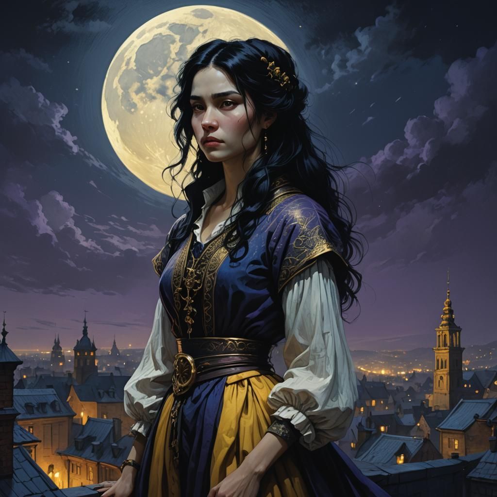 Dark Fantasy Woman on Rooftop in Chiaroscuro Style