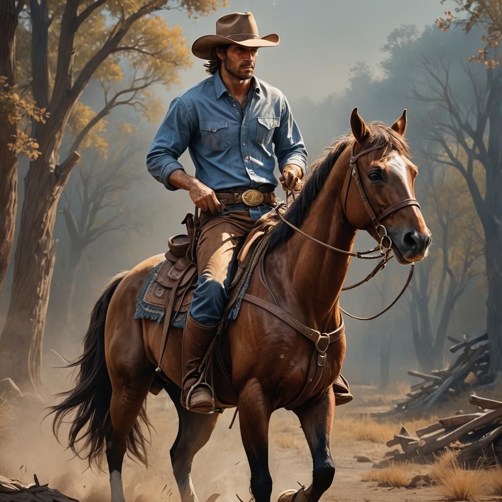 Cowboy on Horseback in Golden Desert, Hyperrealistic Art