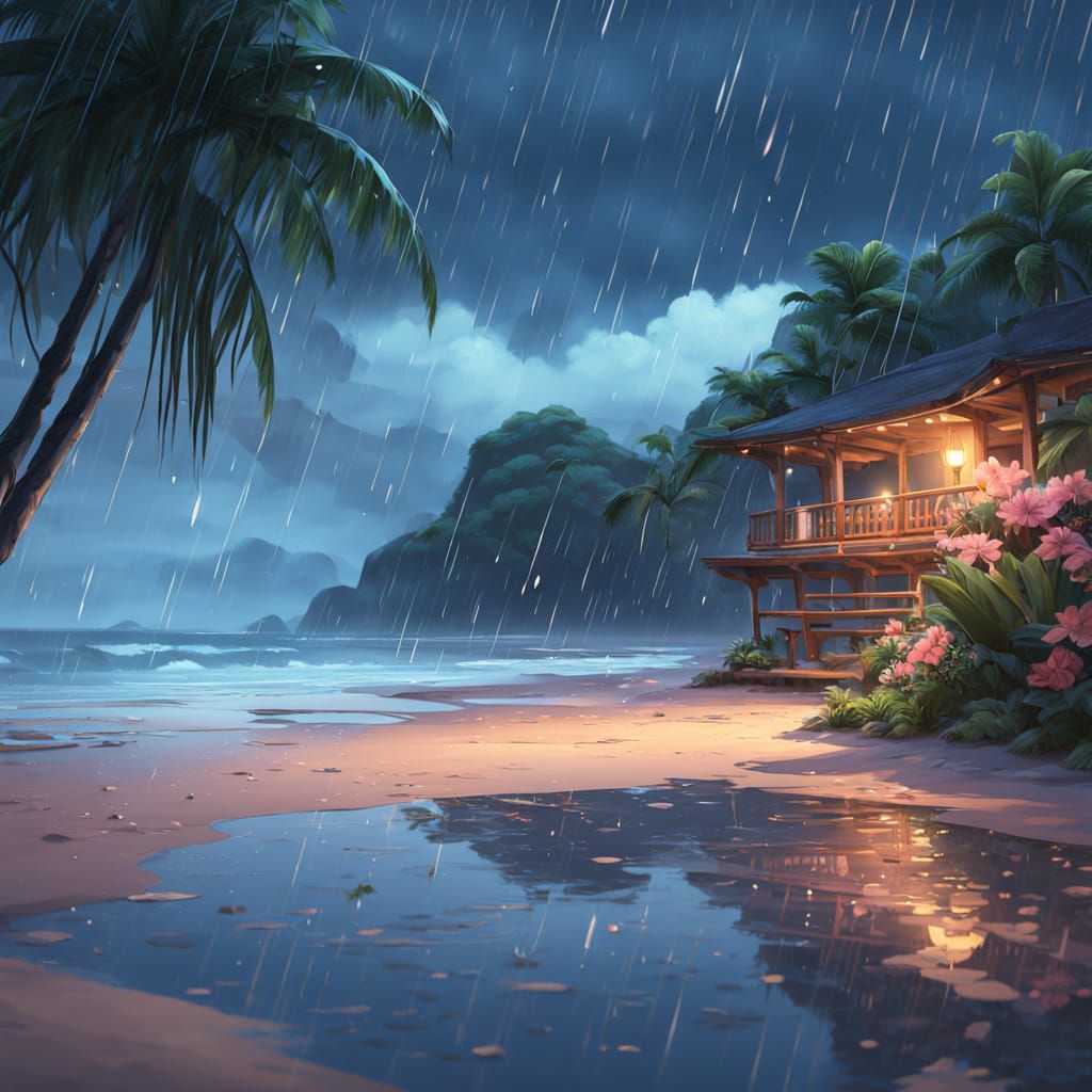 Rainy Twilight on a Tahiti Beach in Anime Style