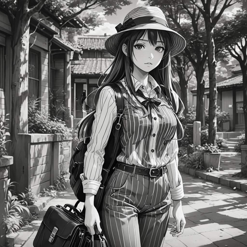 Anime Girl in Striped Shirt, Cel-Shaded Style