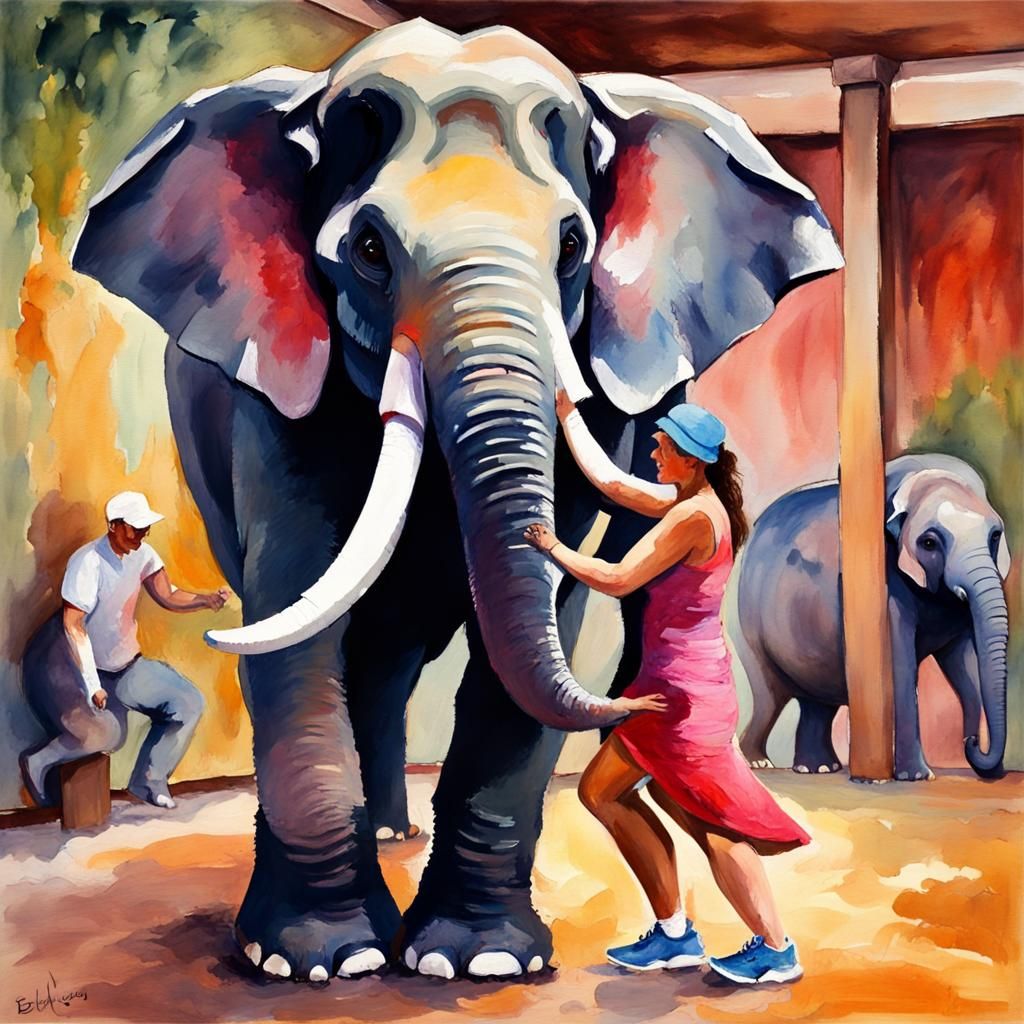 Zumba Gym Couple with Elephant in Gouache Style