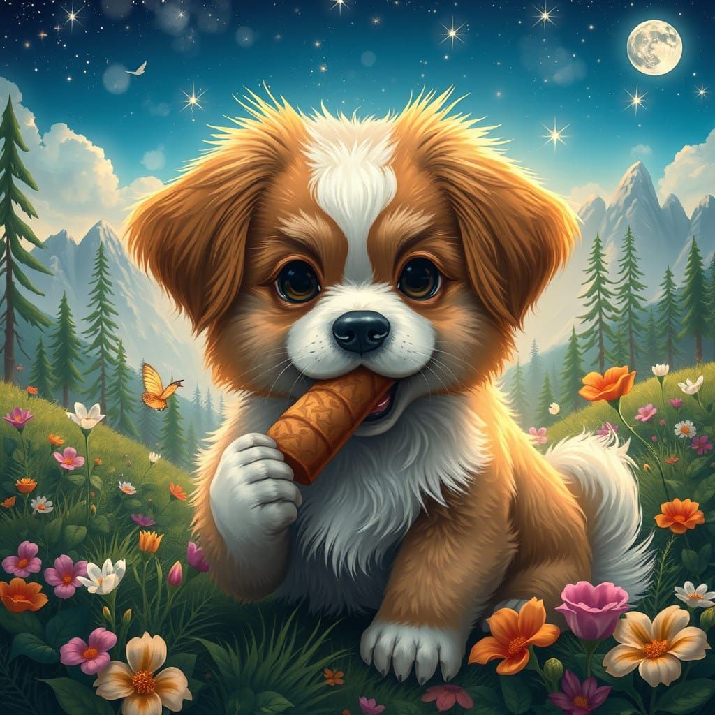Whimsical Dog in a Dreamlike Garden