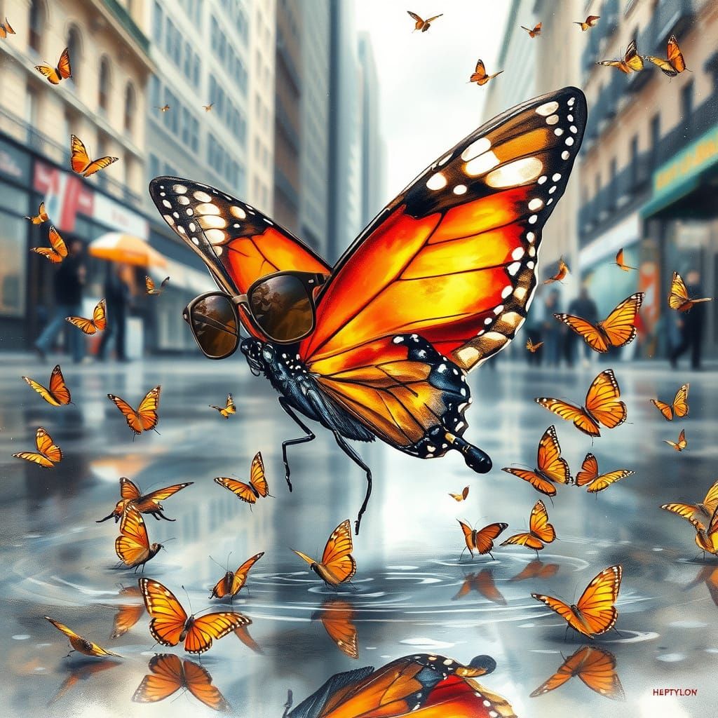 Confused Butterfly in City Puddle: Watercolor Painting