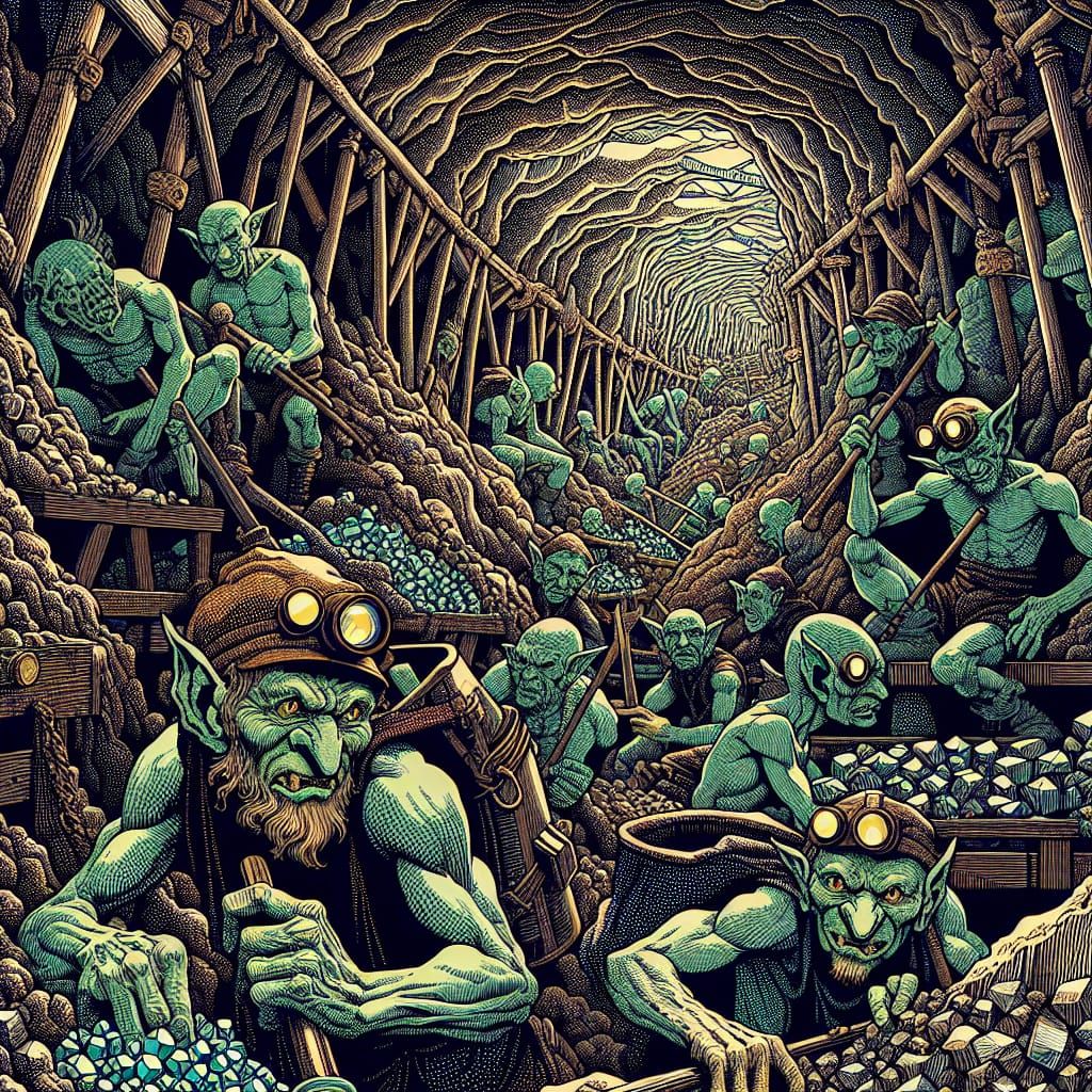 Goblin Miners Search for Gems: Japanese Woodblock Print