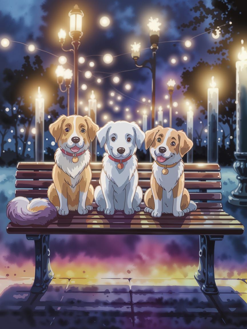 Chibi Dogs and Cat on Bench with Candlelight Bokeh