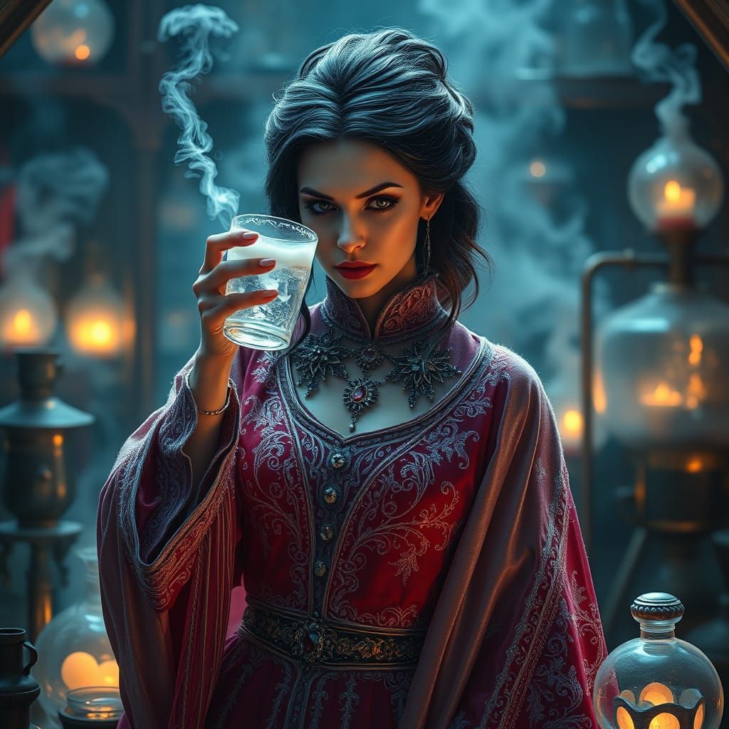Sorceress of Legend in Velvet Attire Takes a Mysterious Sip