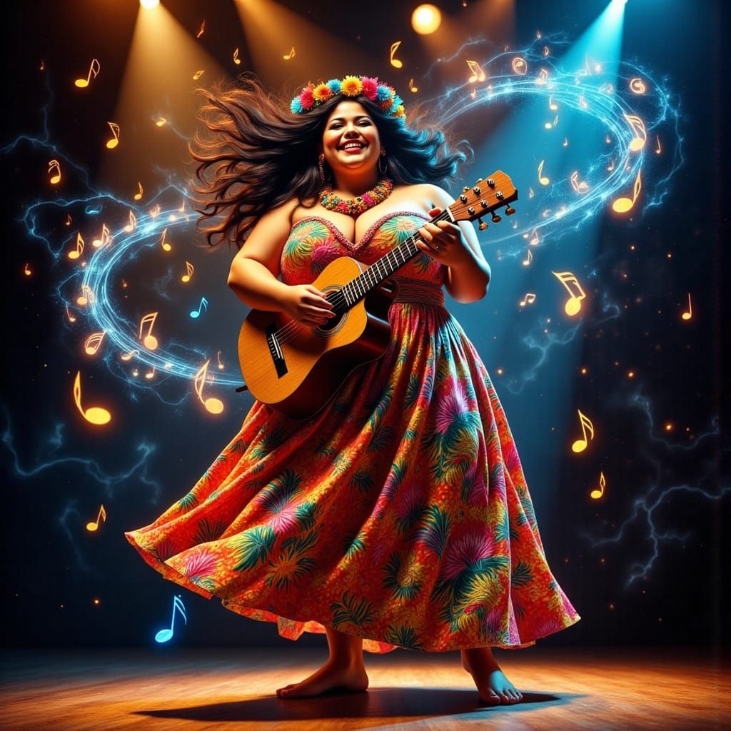 Sensual Ukulele Virtuoso in Vibrant Hawaiian Attire
