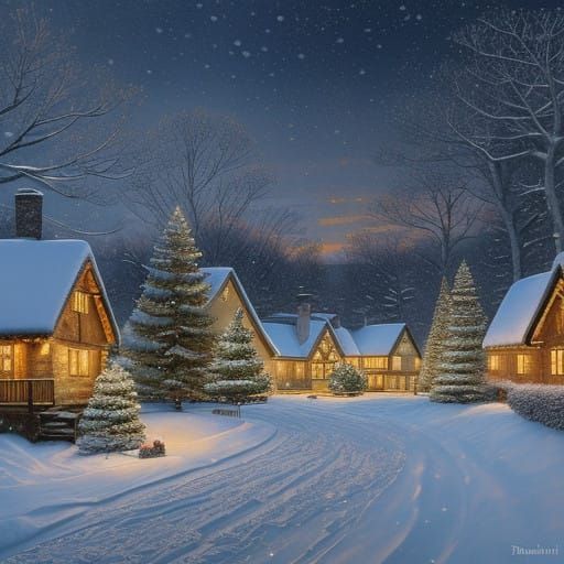 Winter Wonderland Village at Dusk, in Whimsical Impressionis...
