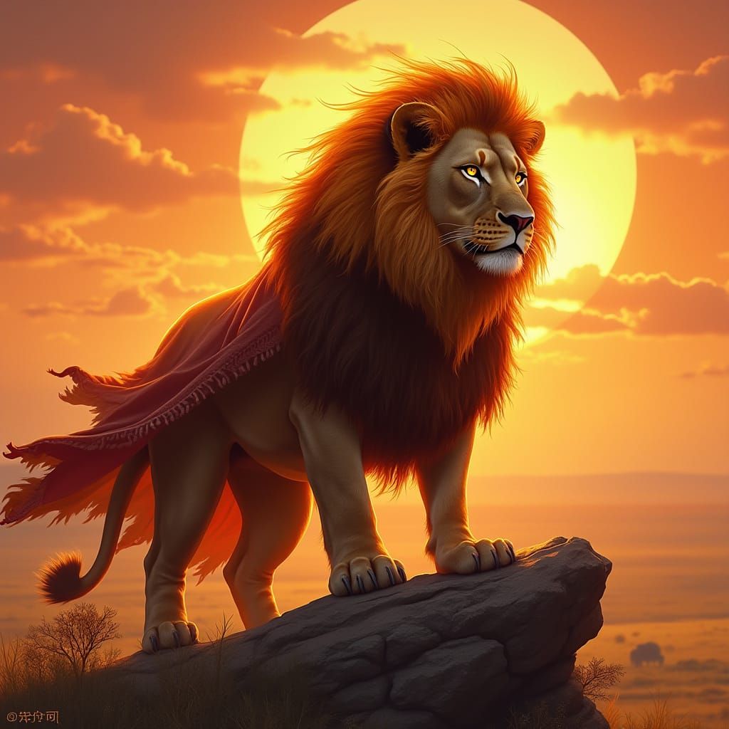 Majestic Lion with Fiery Mane on Cliff Overlooking Savanna