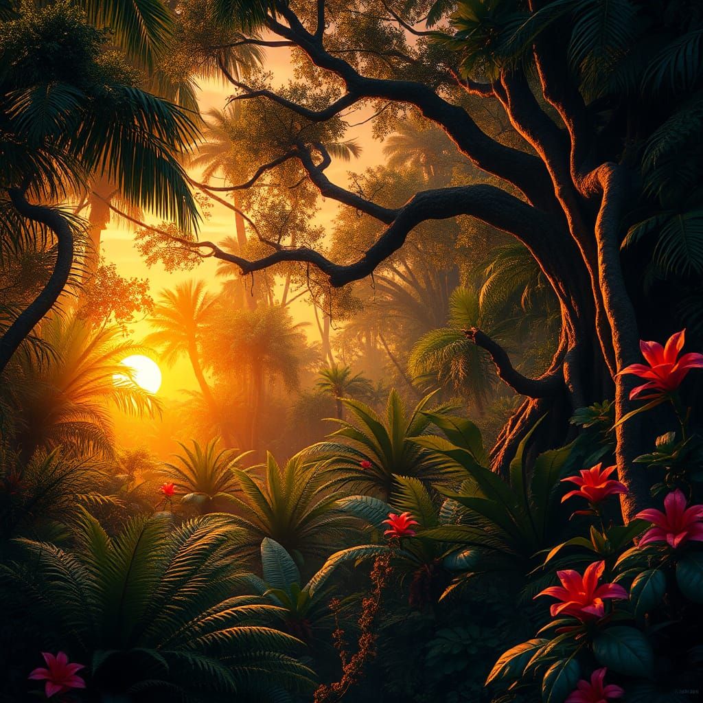 Lush Jungle Ecosystem in Golden Light
