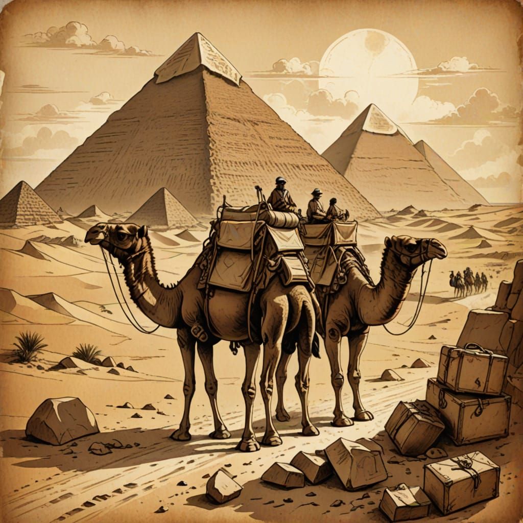 Vintage Camel Caravan Expedition in Desert with Pyramids
