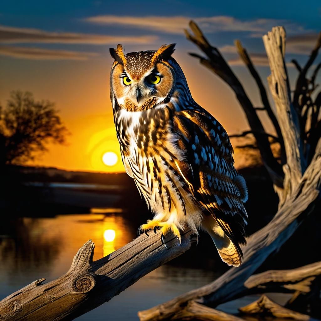 Owl on Driftwood at Sunset