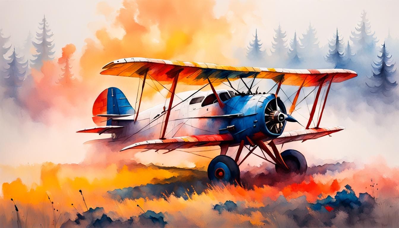 Impressionist Biplane Crash in Watercolors