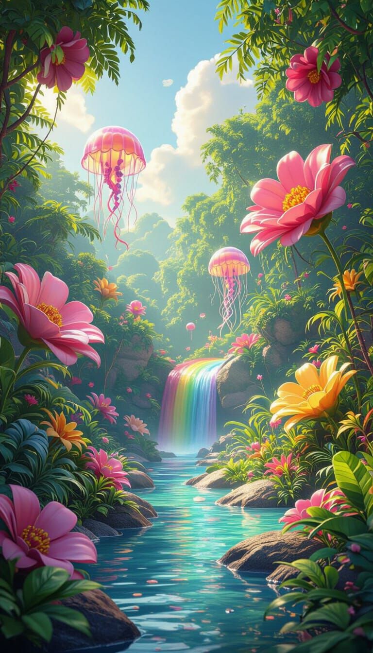 Candy Jungle with Floating Jellyfish: Pixar Style