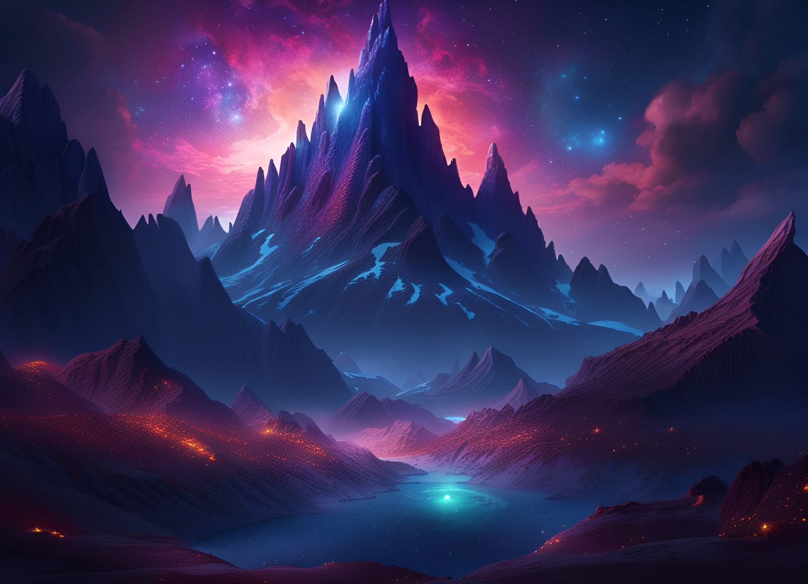 Galactic Night Sky Over Majestic Fantasy Mountains