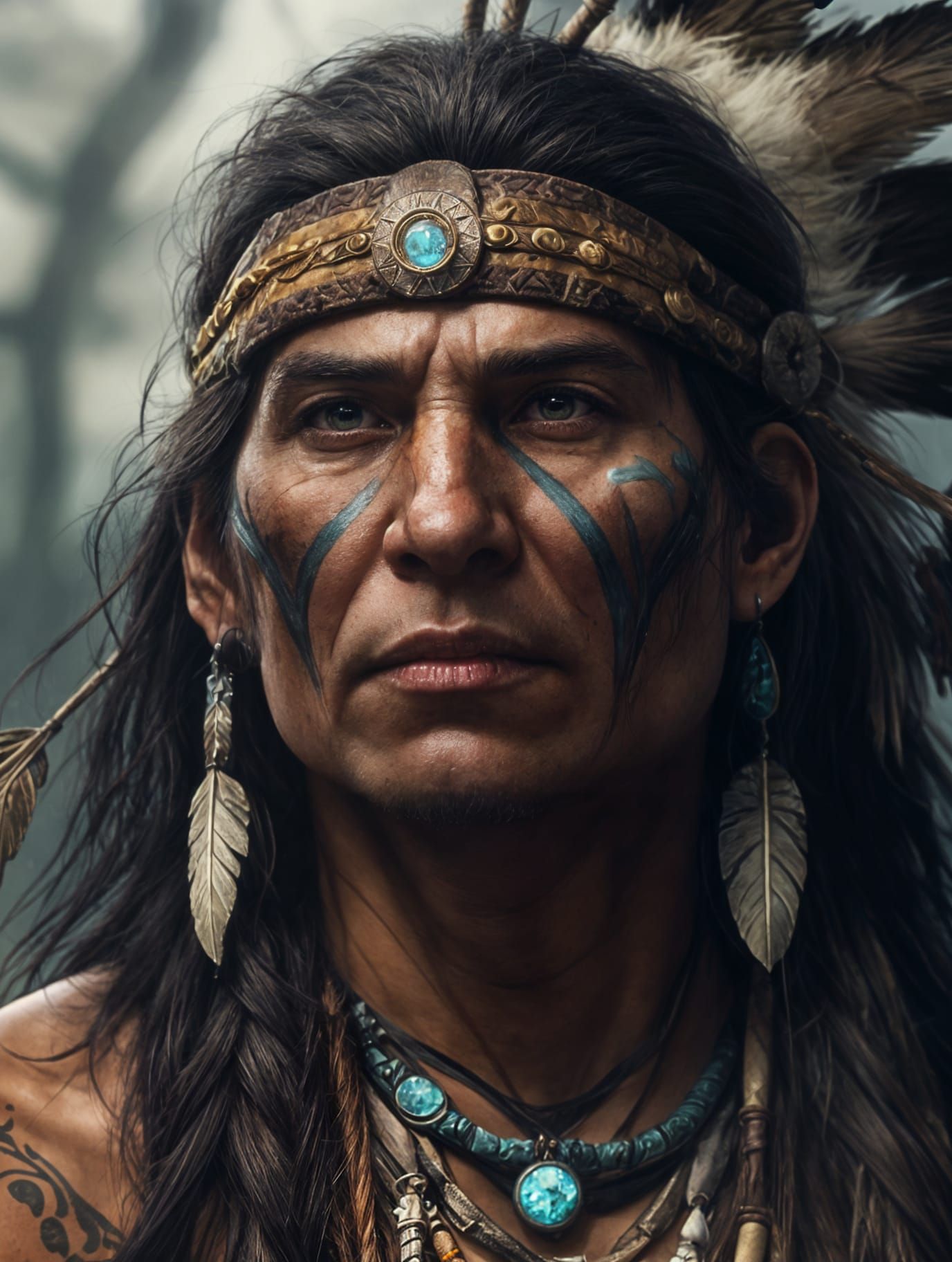 Native American Druid Portrait in Dark Fantasy Style