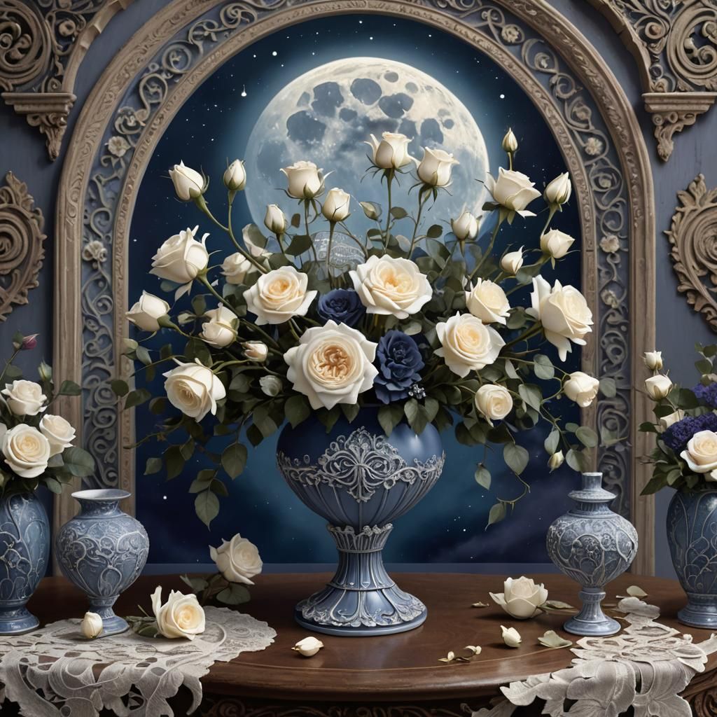 Ornate Vase with Roses and Moon Phases