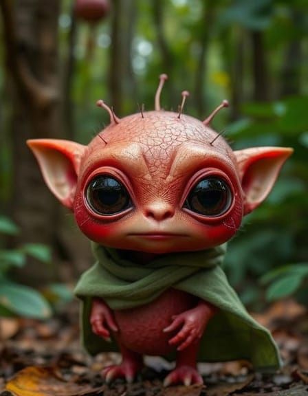 Adorable Alien Rambutan Creature in Lush Forest