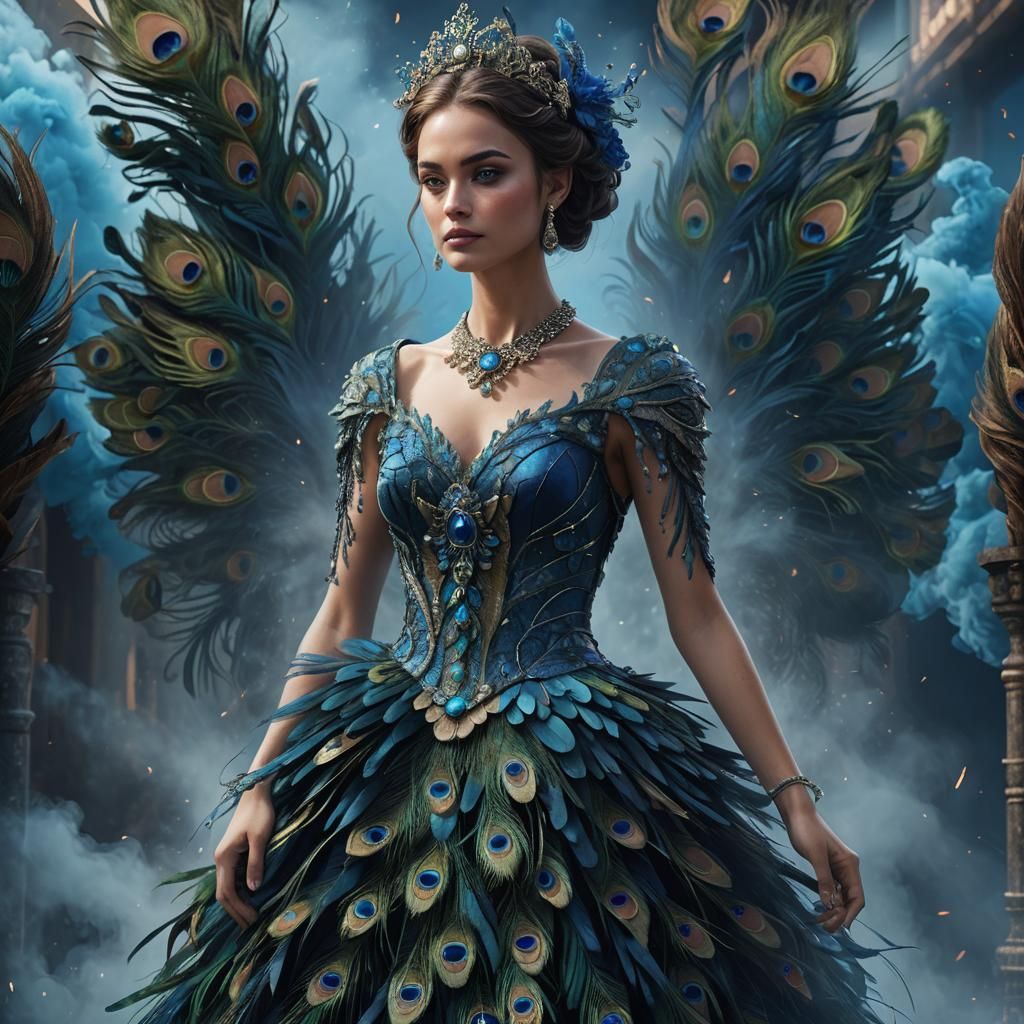 Peacock Feather Dress on Woman, Digital Painting
