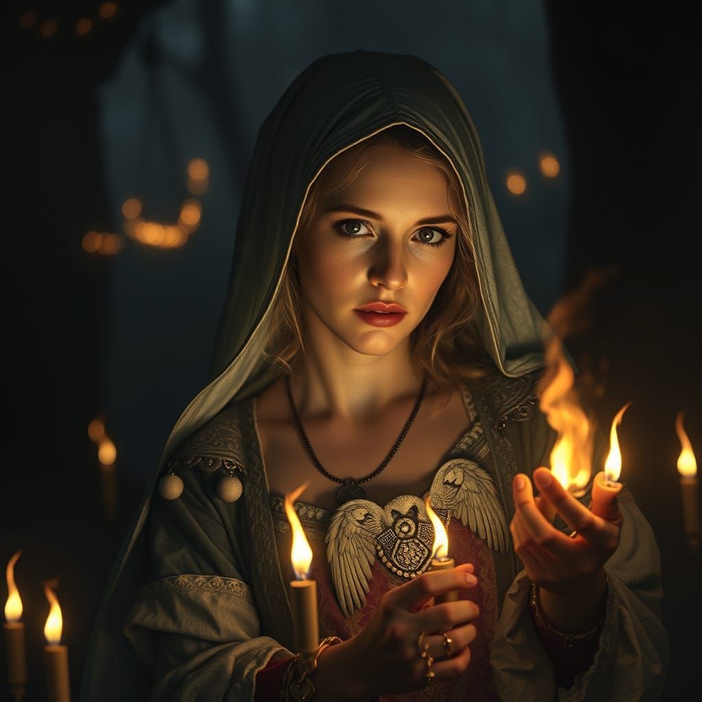 Angelike Woman in Mystical Scene with Candles and Soft Light
