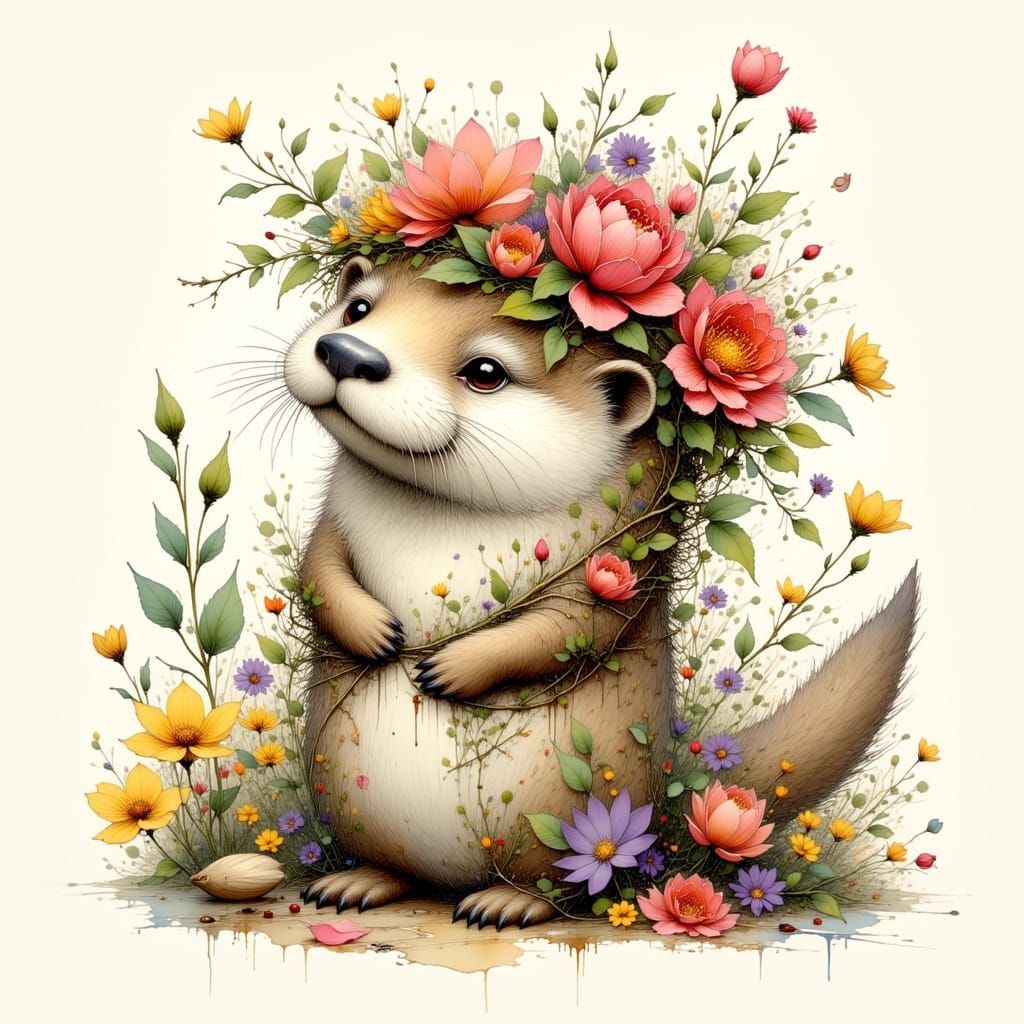 Whimsical Otter in Floral Crown